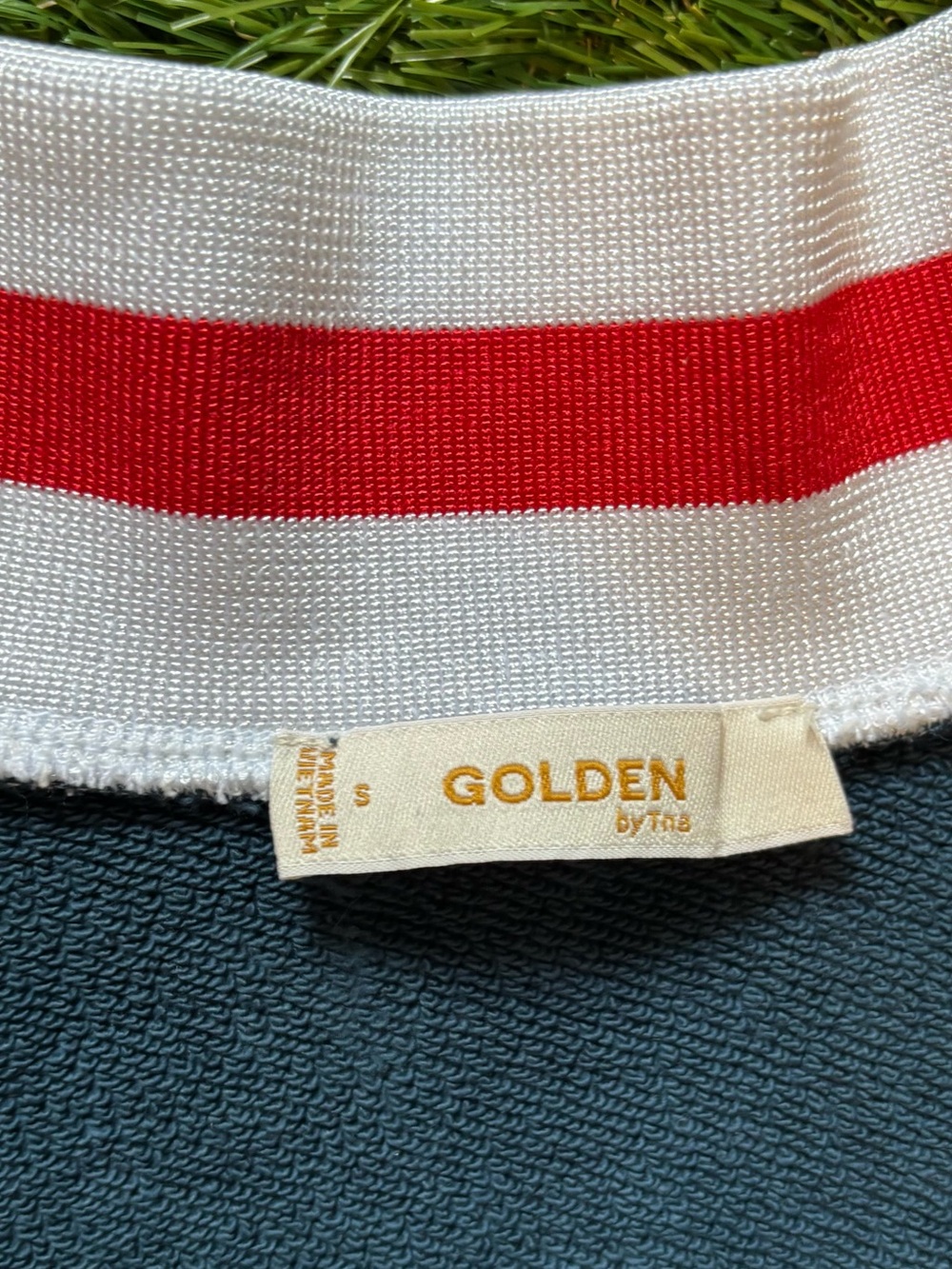 Aritzia TNA Golden Navy Deep V Varsity Sweatshirt Red White Trim Small - Picture 2 of 2